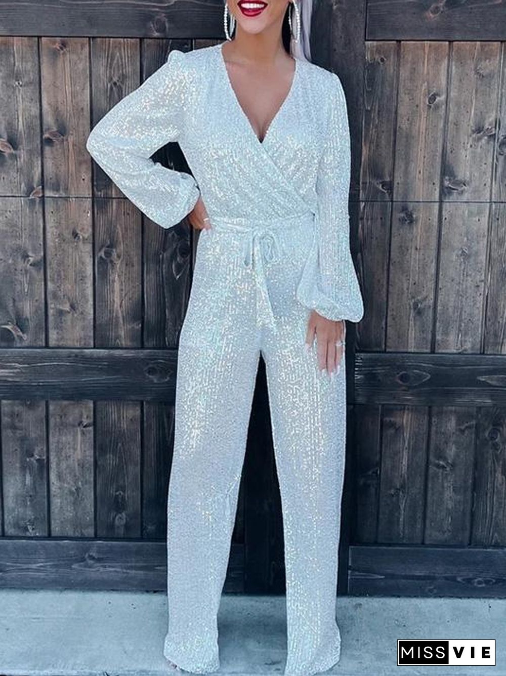 Plain Deep V Neck Strappy Sequins Jumpsuit