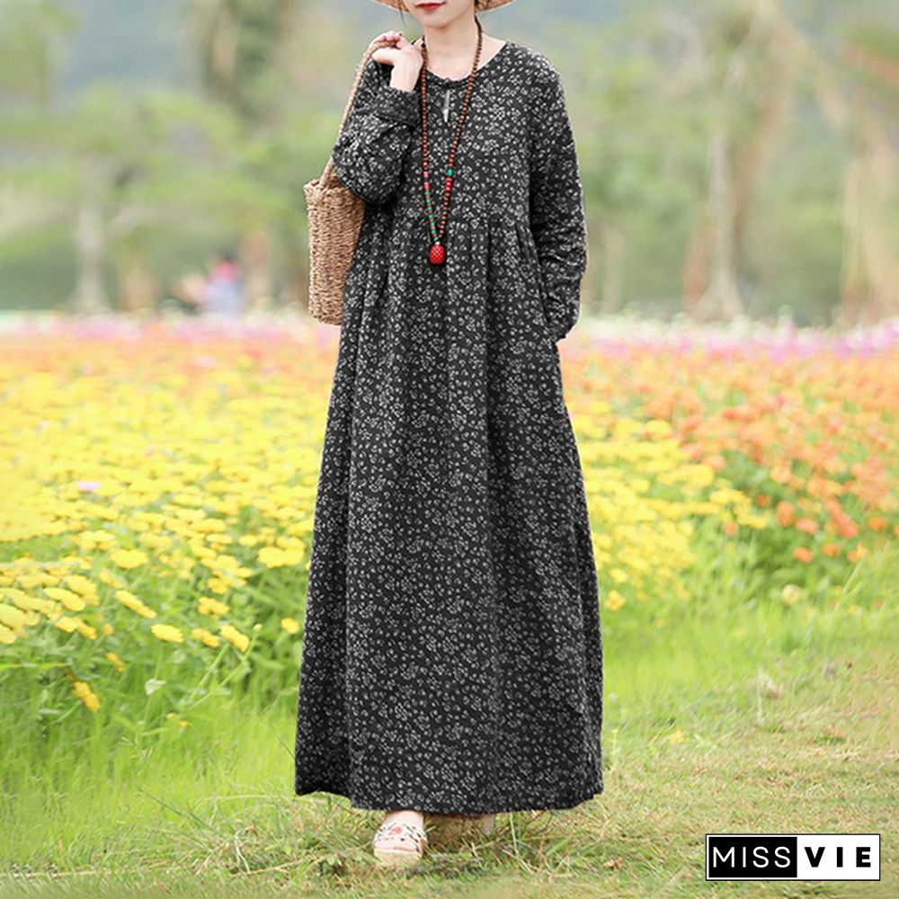 ZANZEA Women Vintage Cotton Kaftan Floral Dress Plus Size Relaxed Fit Loose Long Dress