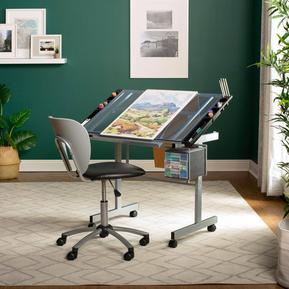 Studio Designs Vision Craft 40.75 in. W Silver and Blue Glass Drawing and Writing Mobile Desk with Supply Storage 10053