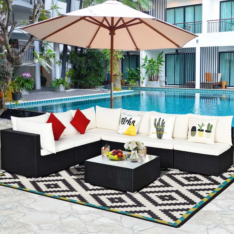 7 Pcs Rattan Patio Furniture Sectional Sofa Set Outdoor Wicker Conversation Set with Back & Seat Cushions Pillows