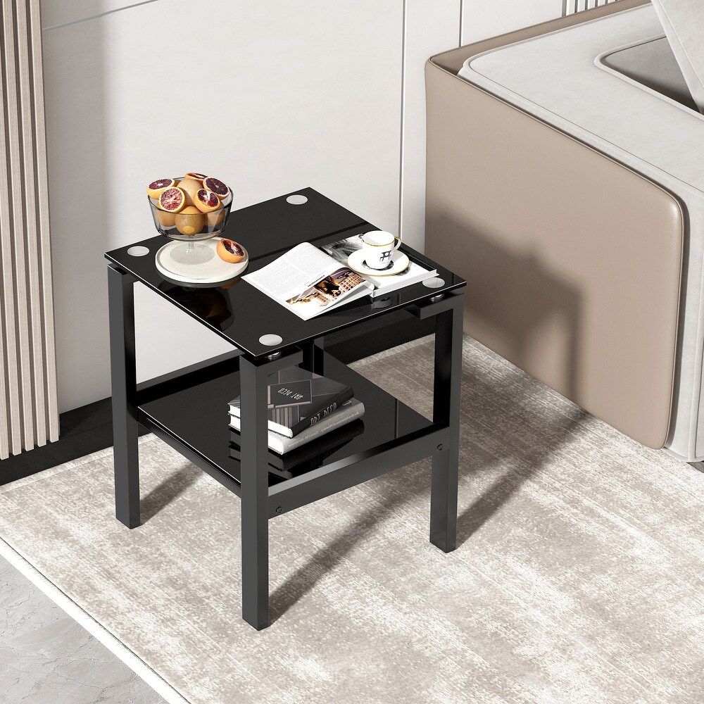 Black Tempered Glass End Table Small Side Table with 2 Layer