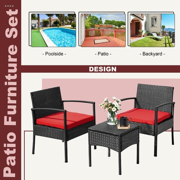 Outdoor Furniture 3 Piece Patio Bistro Furniture Set，Rattan Conversation Chairs Set with Side Table and Cushions