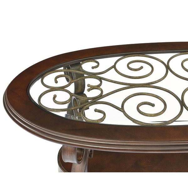 Oaks Aura Dark Brown French Country Coffee Table with Glass Table Top and Powder Coat Finish Metal Legs