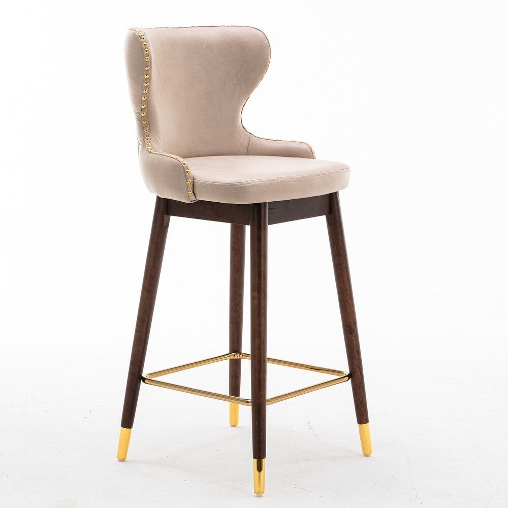 Modern Leather Fabric Bar Stool with Gold Nailheads   Solid Wood Legs  Set of 2