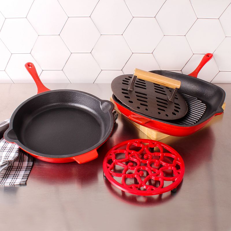 BergHOFF Neo Cast-Iron Frypan， Grill Pan， Steak Press and Trivet Set