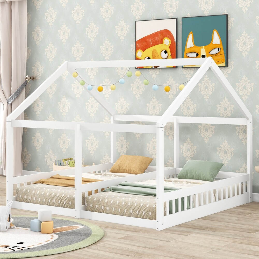 Pine Wood House Platform Beds  Two Shared Beds for Kids  Solid Wood Slats Support  Cozy Bedroom Furniture  Twin Size