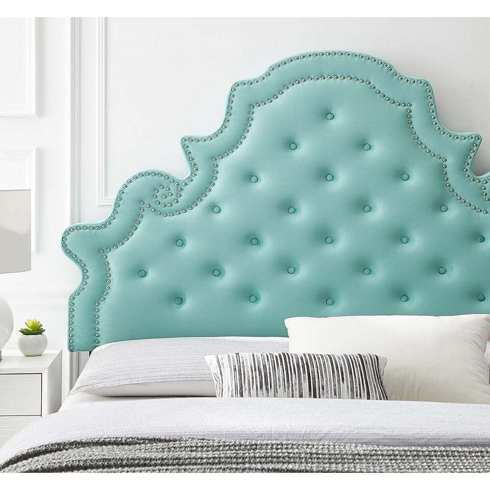 Ambridge Button Tufted Light Green Velvet Upholstered King/California King Size Headboard with Nailhead Trim