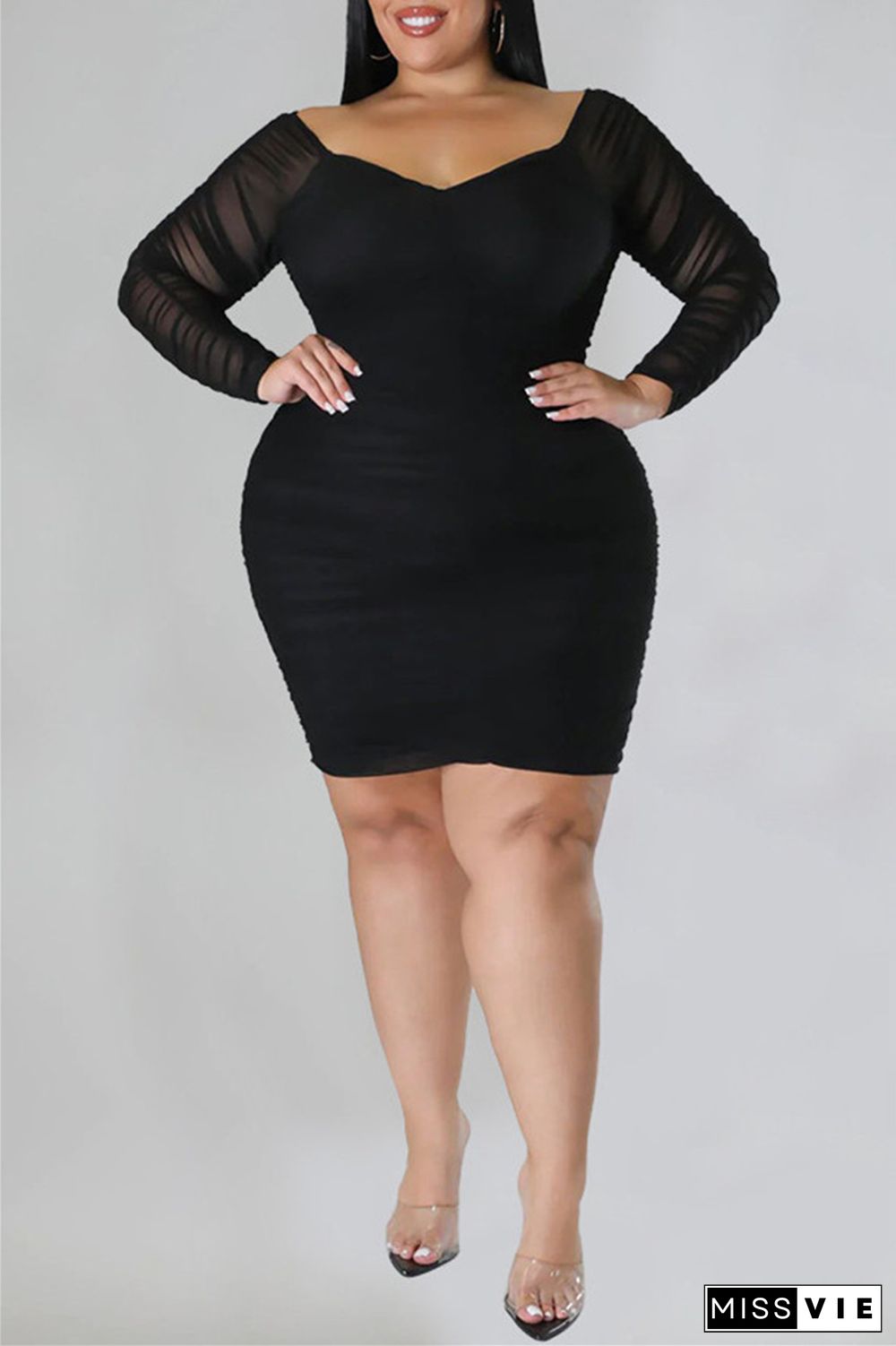 Casual Solid Basic V Neck Long Sleeve Plus Size Dresses