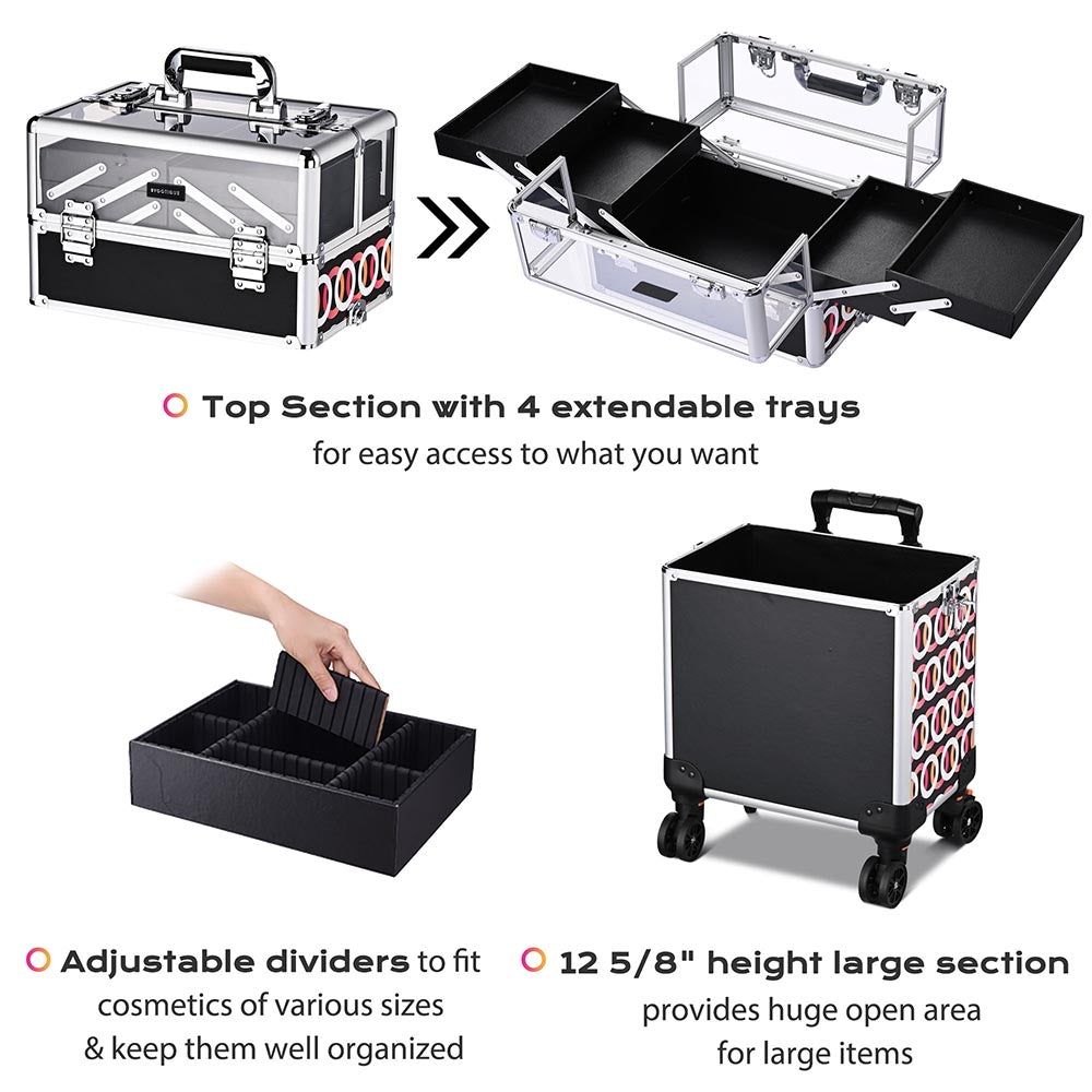 Byootique 4 in 1 Rolling Makeup Case with Circle Pattern Lockable