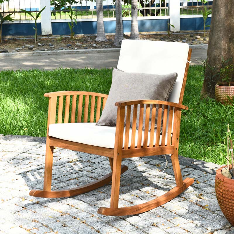 Acacia Wood Outdoor Rocking Chair, Wooden Porch Rocker with Detachable Washable Cushions