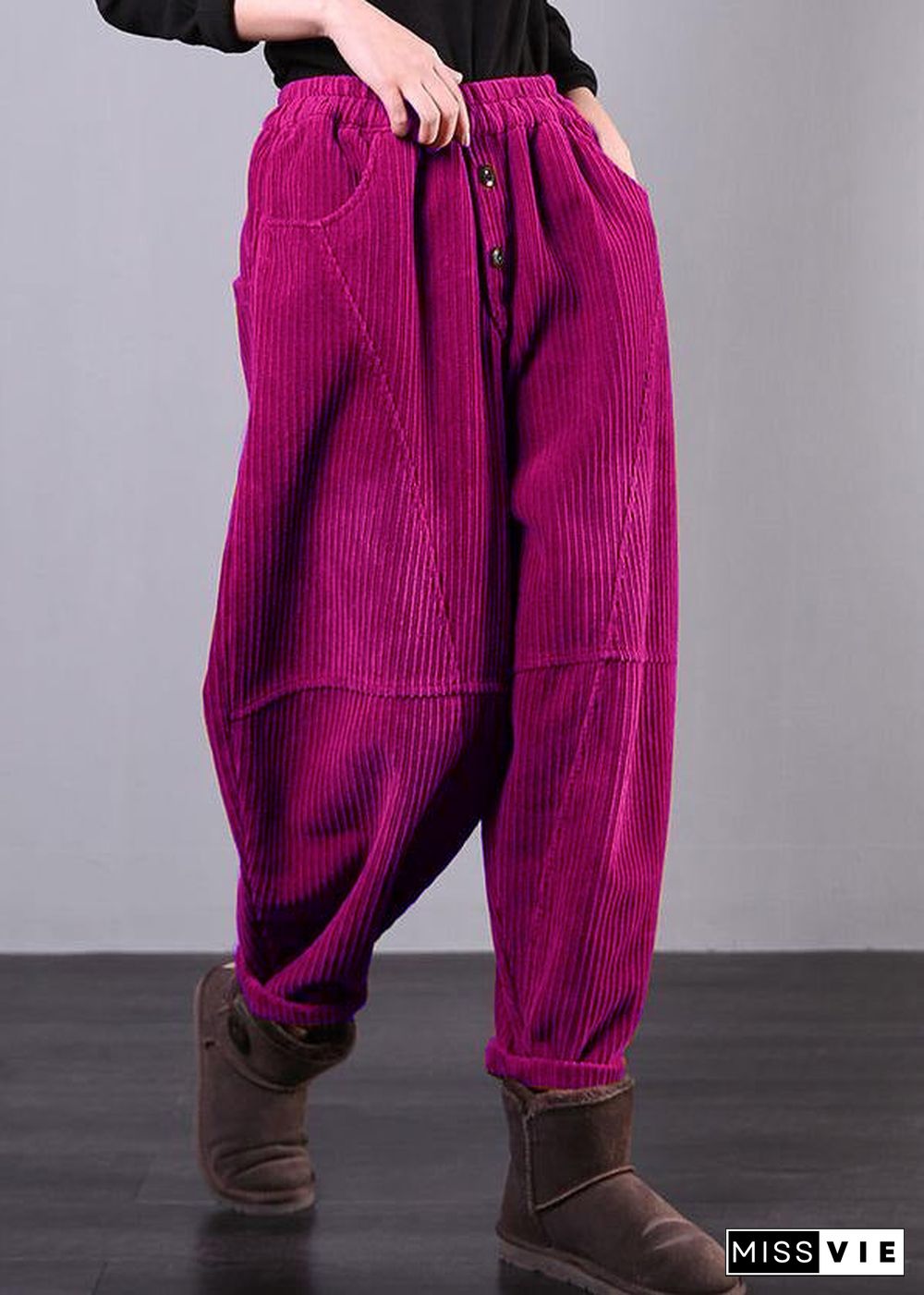 Modern Purple Women Pants Oversize Fall Corduroy Pockets Cotton Casual Pants