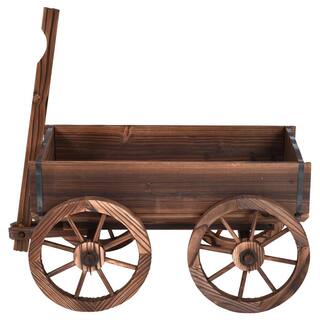 Costway Brown Wood Wagon Flower Outdoor Wood Plant Stand Pot Stand with Wheels OP3045