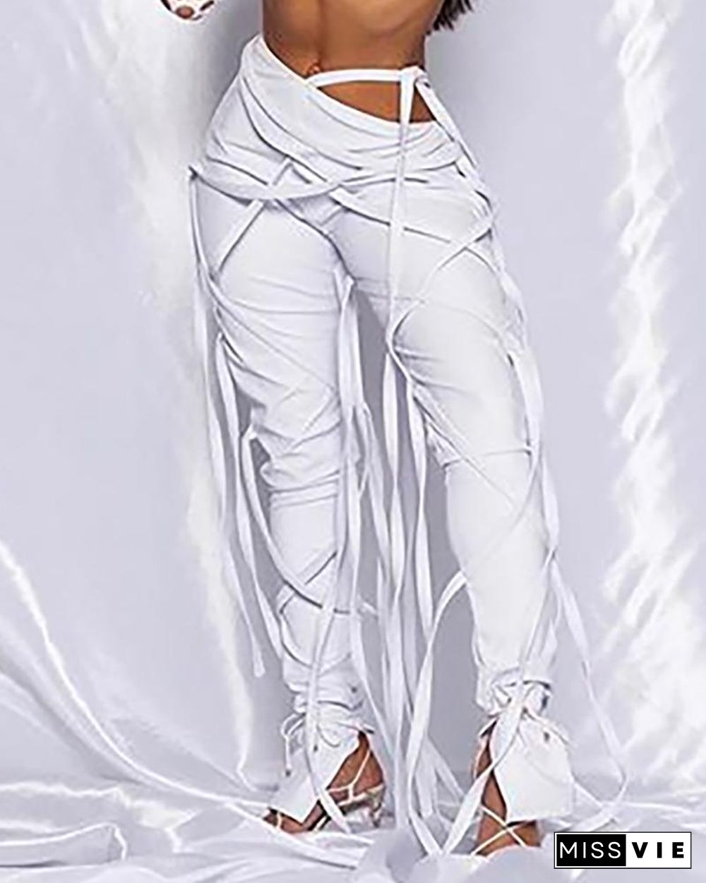 Multi Strap Decor PU Leather Fold Pants