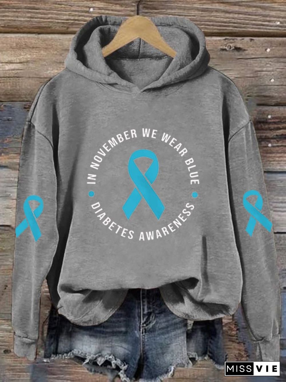 Women's In November We Wear Blue Printed Casual Hoodie