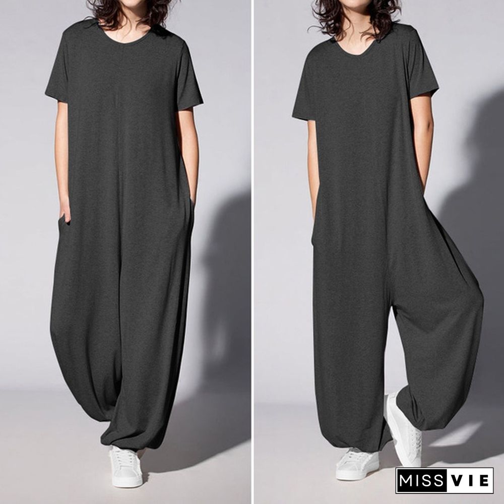 Women Short Sleeve Solid Jumpsuit Casual Loose Baggy Oversized Culottes Playsuit