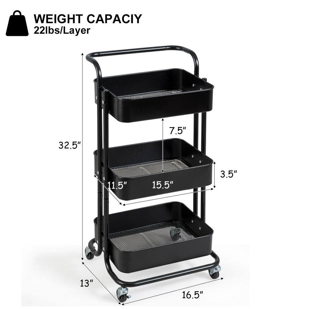 HONEY JOY 3-Tier Metal Rolling Utility Storage Cart Service Trolley Cart with Lockable Wheels in Black TOPB002996