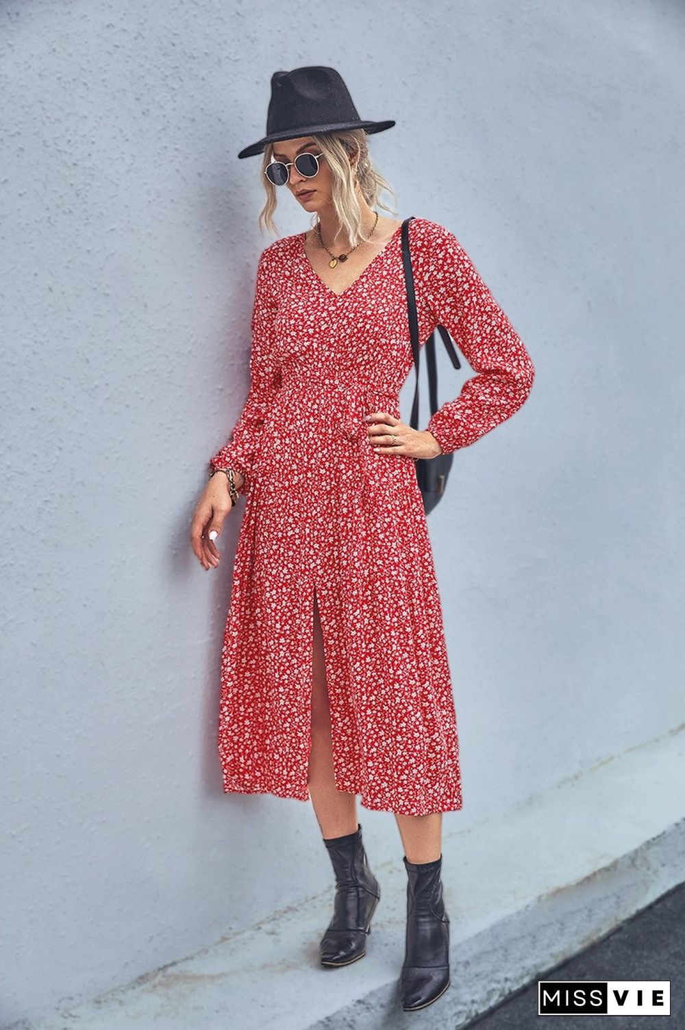 Elegant Floral Print Hem Split Dress For Women Spring Dresses New Button V-Neck Long Sleeve High Waist Maxi Dress