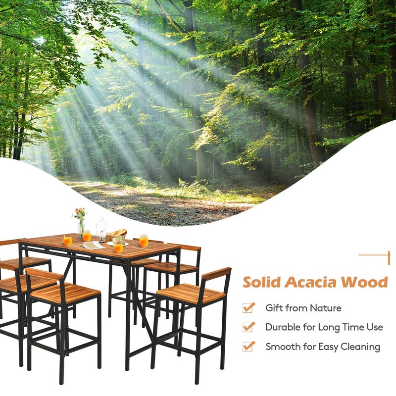 7 Pcs Acacia Wood Rattan Wicker Outdoor Patio Bar Set Dining Table Set with 1.9'' Umbrella Hole & 6 Bar Stools