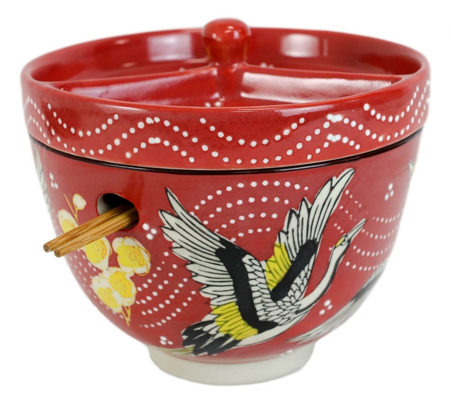 1 Red Flying Crane Ramen Bowl With Tempura Divider Condiment Lid Chopsticks Set EBR02