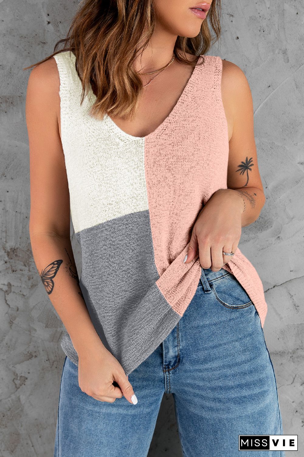 Pink Color Block Knitted Tank Top