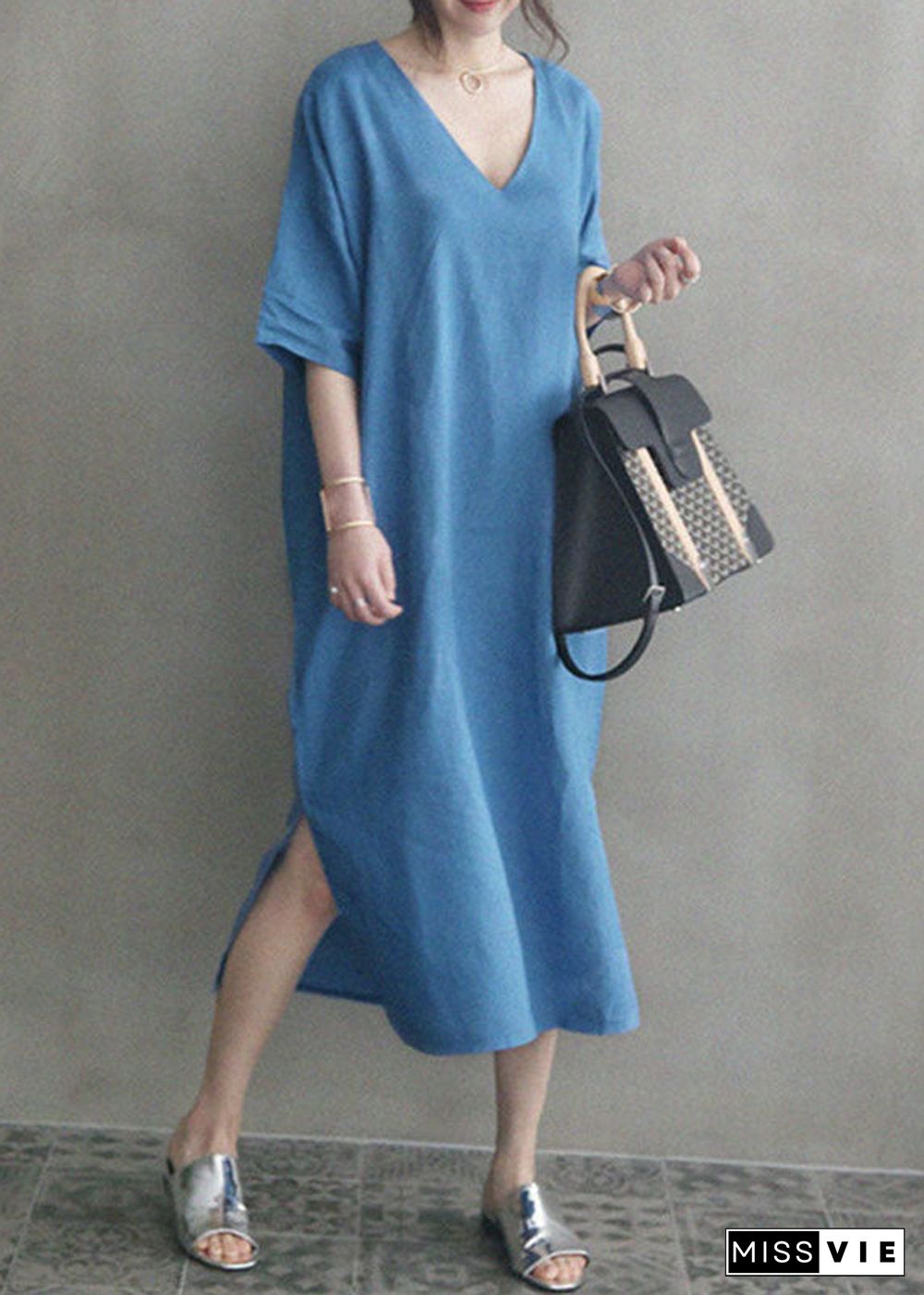 Chic Blue V Neck Patchwork Side Open Linen Maxi Dress Summer