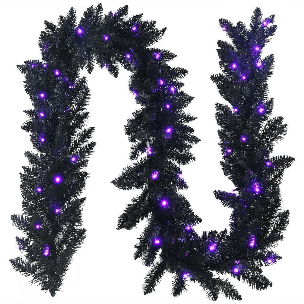 ANGELES HOME 9 ft. Black Battery Operated Pre-lit Halloween Artificial Christmas Garland with 50 Purple LED Lights 8CK23-CM475