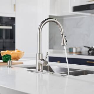 FORIOUS Single-Handle Kitchen Faucet with Pull Down Sprayer High-Arc Kitchen Sink Faucet with Deck Plate in Brushed Nickel HH0023C