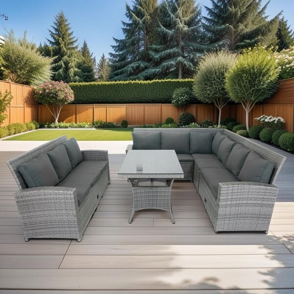 Grey Wicker 5piece Patio Outdoor Conversation Sectional Set with 3 UnderSeat Storage Compartments，Cushions