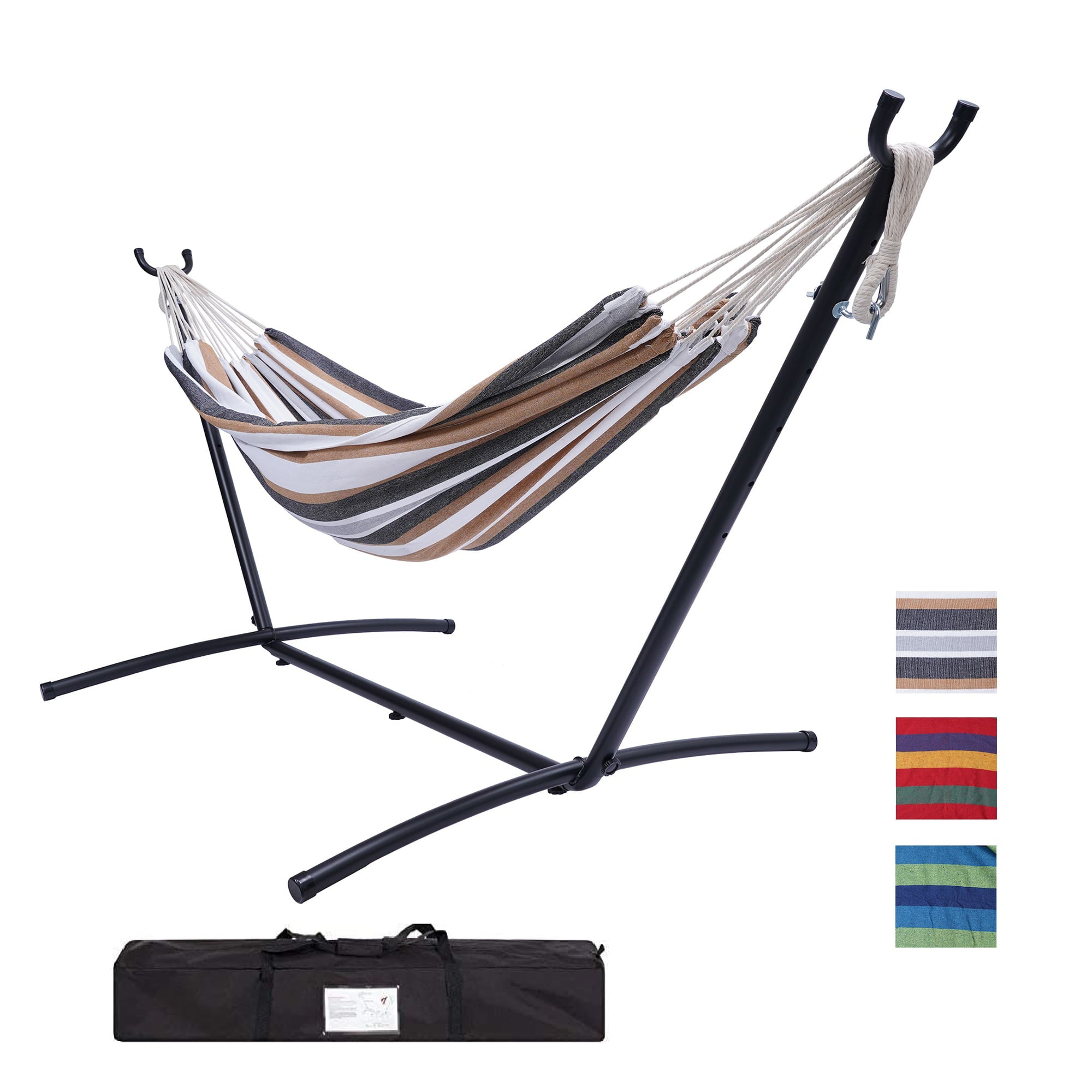 Brazilian-Style Cotton Double Hammock Bed with Carrying Bag and Steel Stand, 2-Person Indoor Outdoor Double Hammock Bed, Brown/Grey Stripes