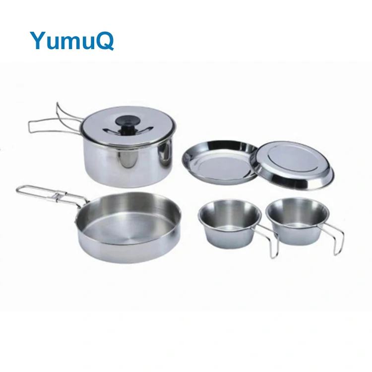 YumuQ 6 Pieces Stainless Steel Outdoor Camping Cookware Set With Foldable Handles For 2 Person Hiking Cooking