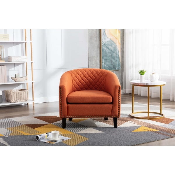 Modern Accent Barrel Chair with Nailheads， Wood Legs and Chrome Nailhead Trim， Living Room Chair with Curved Edges， Orange