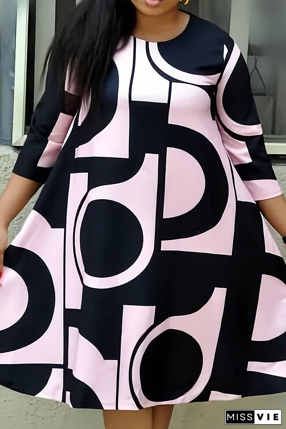 Black Pink Plus Size Sweet Geometric Patchwork O Neck Princess Dresses