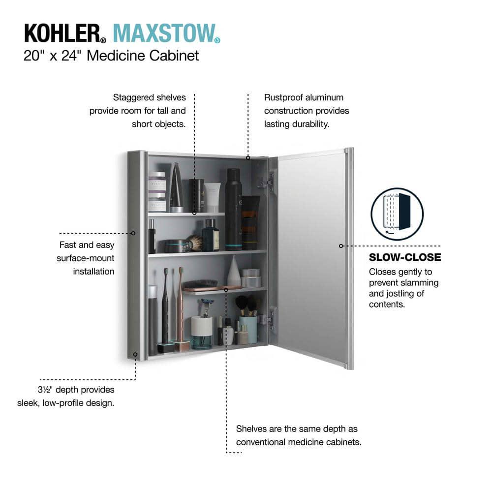 KOHLER Maxstow 20 in x 24 in Aluminum Frameless SurfaceMount Soft Close Medicine Cabinet with Mirror