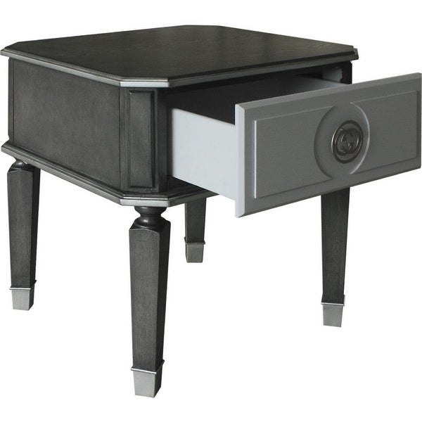 MDF End Table with 1 Drawer and Turned Tapered Legs - Gray and Silver - 24 L x 24 W x 24.21 H Inches