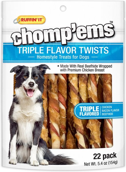 RUFFIN' IT Chomp'Ems Triple Flavor Twists Dog Treats， 22 count