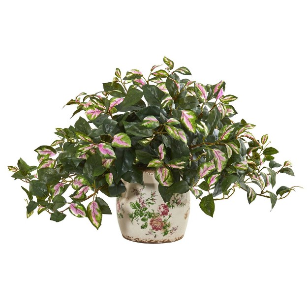 Nearly Natural 18-in Hoya Artificial Plant In Floral Print Planter