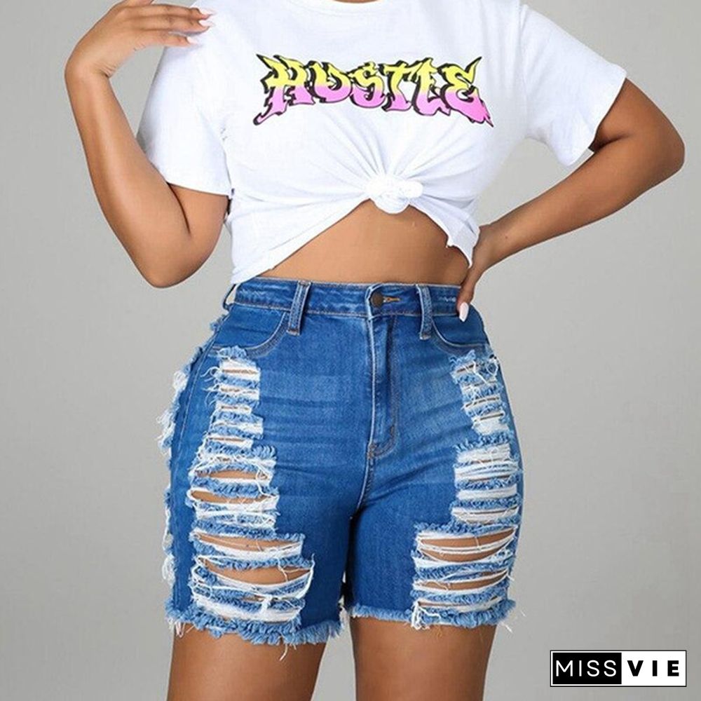 Summmer New Women Denim Shorts Solid Hollow Out Elastic Jeans Shorts High Waist Casual Streetwear