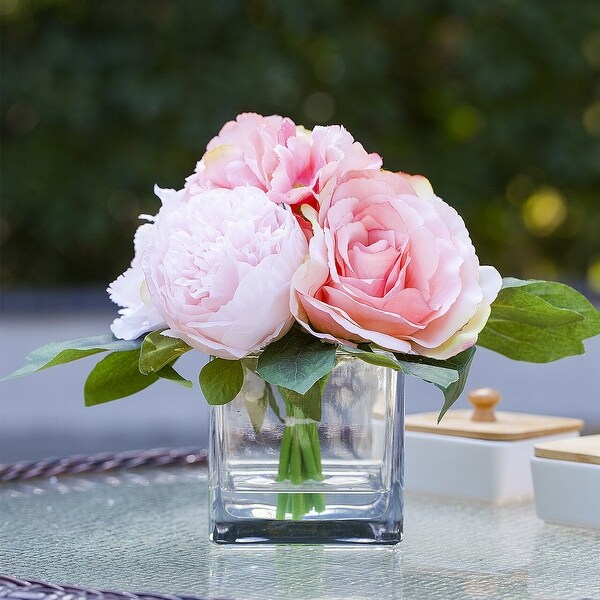 Enova Home Mixed Artificial Silk Roses Peony and Hydrangea Fake Flowers Arrangement in Cube Glass Vase with Faux Water