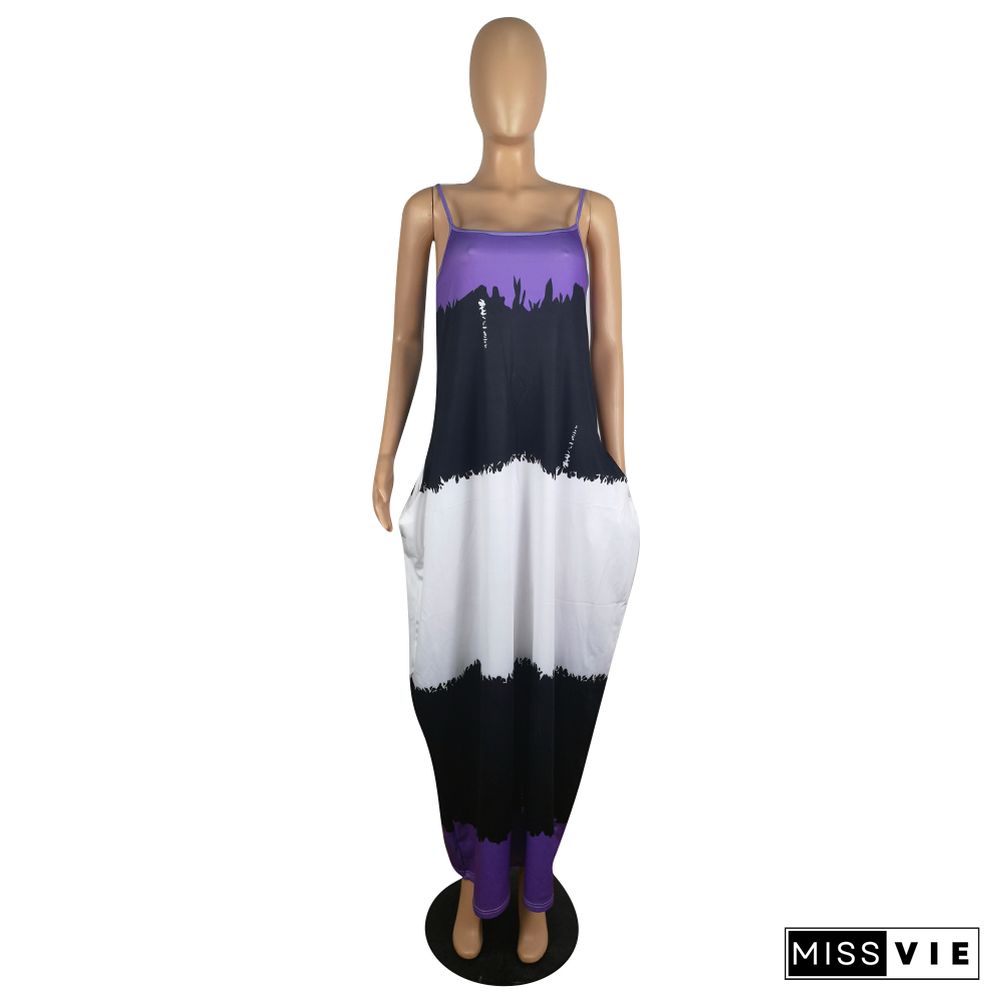 Tie Dye Spaghetti Straps Loose Pocket Maxi Dress