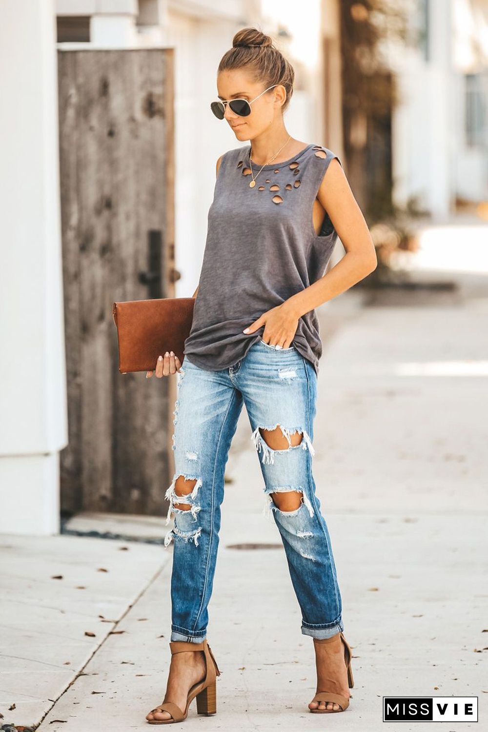 Gray Broken Hole Detail Sleeveless Crew Neck Tank Top