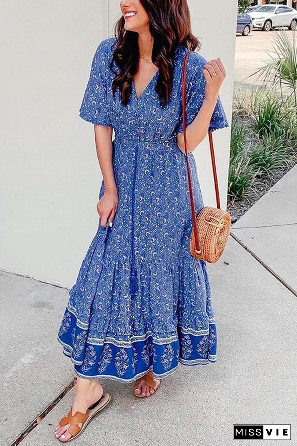 Floral Print Short Sleeve Maxi Dress