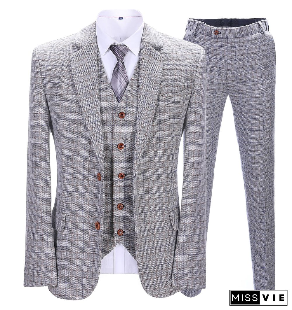 Men's Business 3 Pieces Formal White Plaid Solid Notch Lapel Suit (Blazer+vest+Pants)