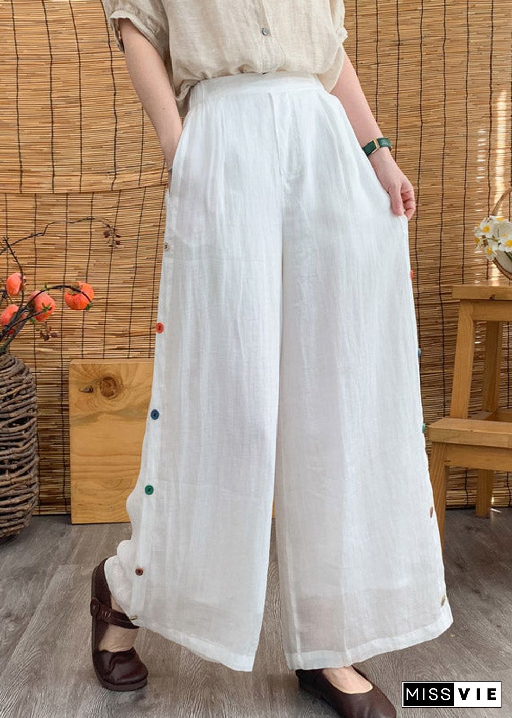 Elegant White Elastic Waist Linen Wide Leg Pants Summer