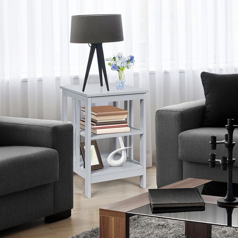 3-Tier Nightstand Sofa Side Table with Baffles and Round Corners-Gray