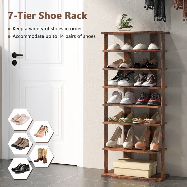 Tangkula 7 tier Double Rows Shoe Rack Vertical Wooden Shoe Storage Organizer Rustic Brown white