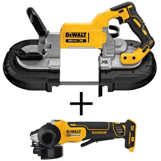 DW 20V MAX XR Cordless Brushless Deep Cut Band Saw and 20V MAX XR Cordless Brushless 4.5 in. Paddle Switch Angle Grinder DCS374BW413B