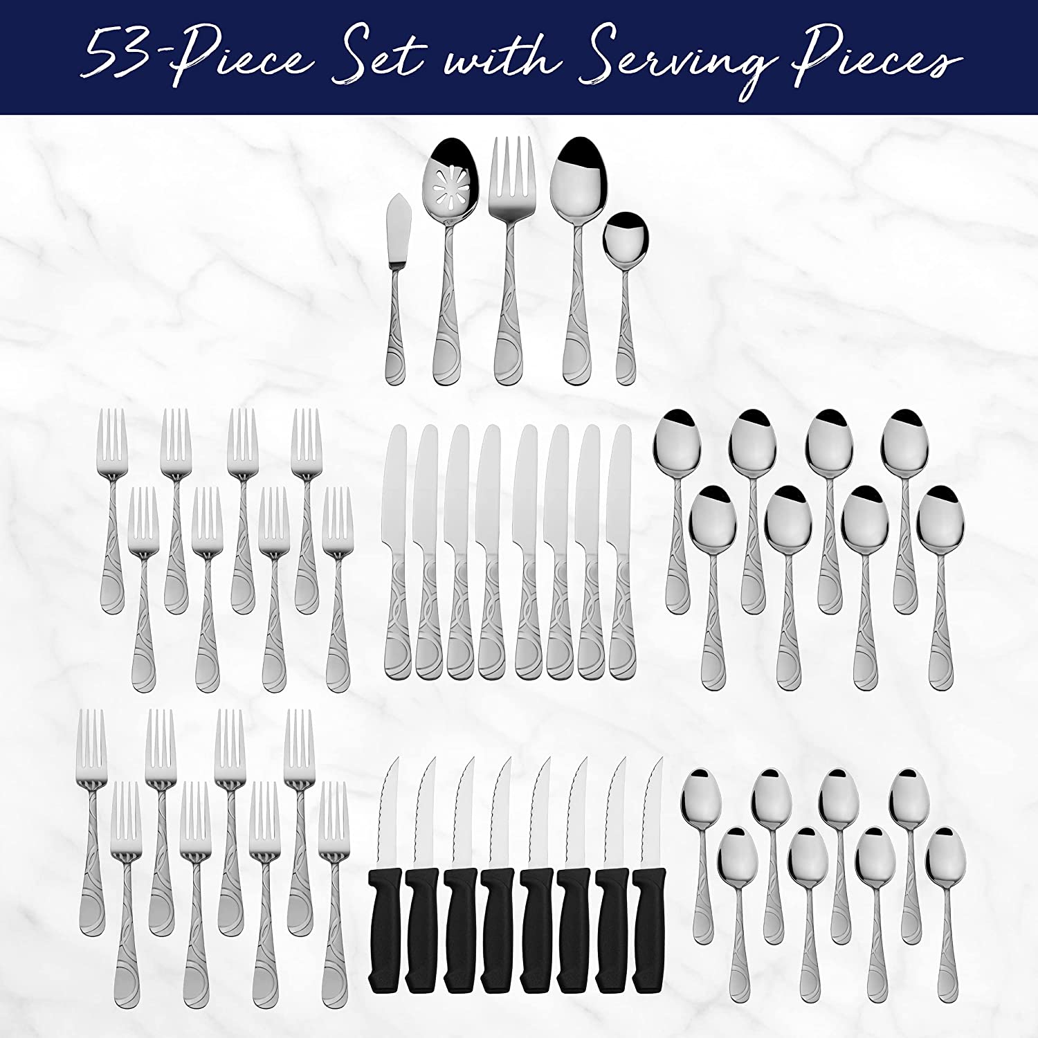 Pfaltzgraff Garland Frost 53-Piece Stainless Steel Flatware Serving Utensil Set and Steak Knives， Service for 8