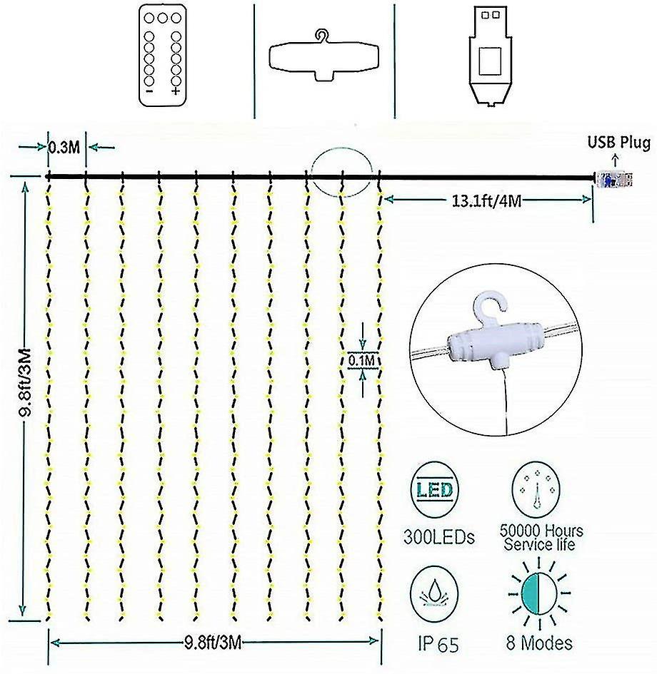 3m X 3m Led Light Curtain， 300 Leds， Usb， Waterproof， 8 Modes， Warm White Light