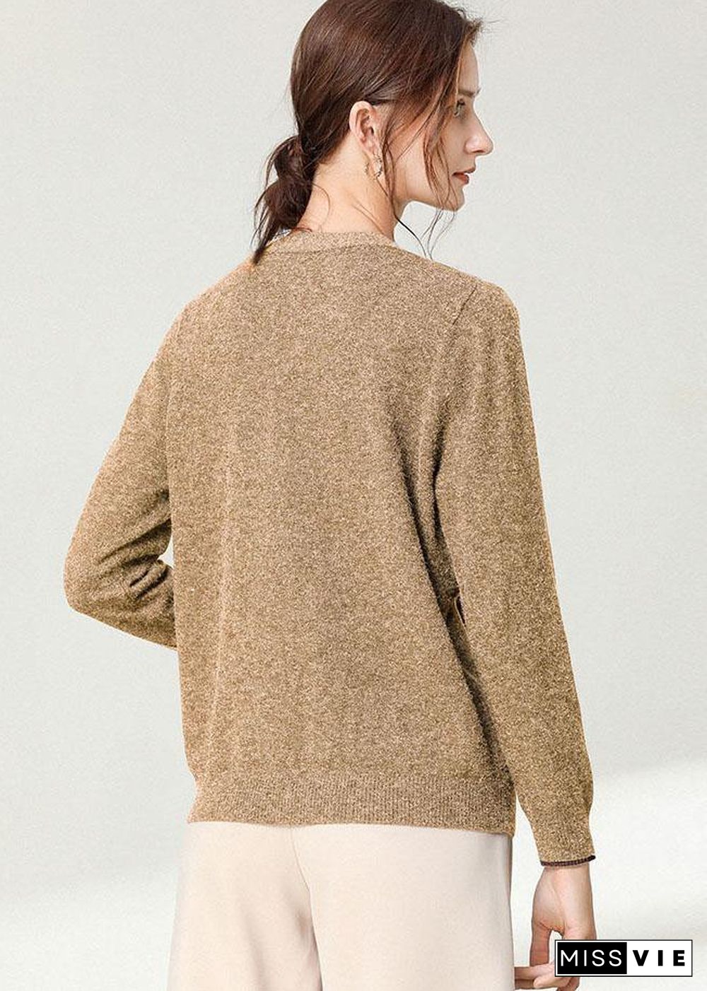 Italian Khaki V NeckPockets Spring Cardigan Long sleeve