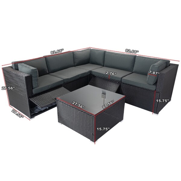 6piece Outdoor Sectional Upholstered Sofa Furniture Set Lshaped Rattan Couch Patio Conversation Set with 3 Storage Under Seat